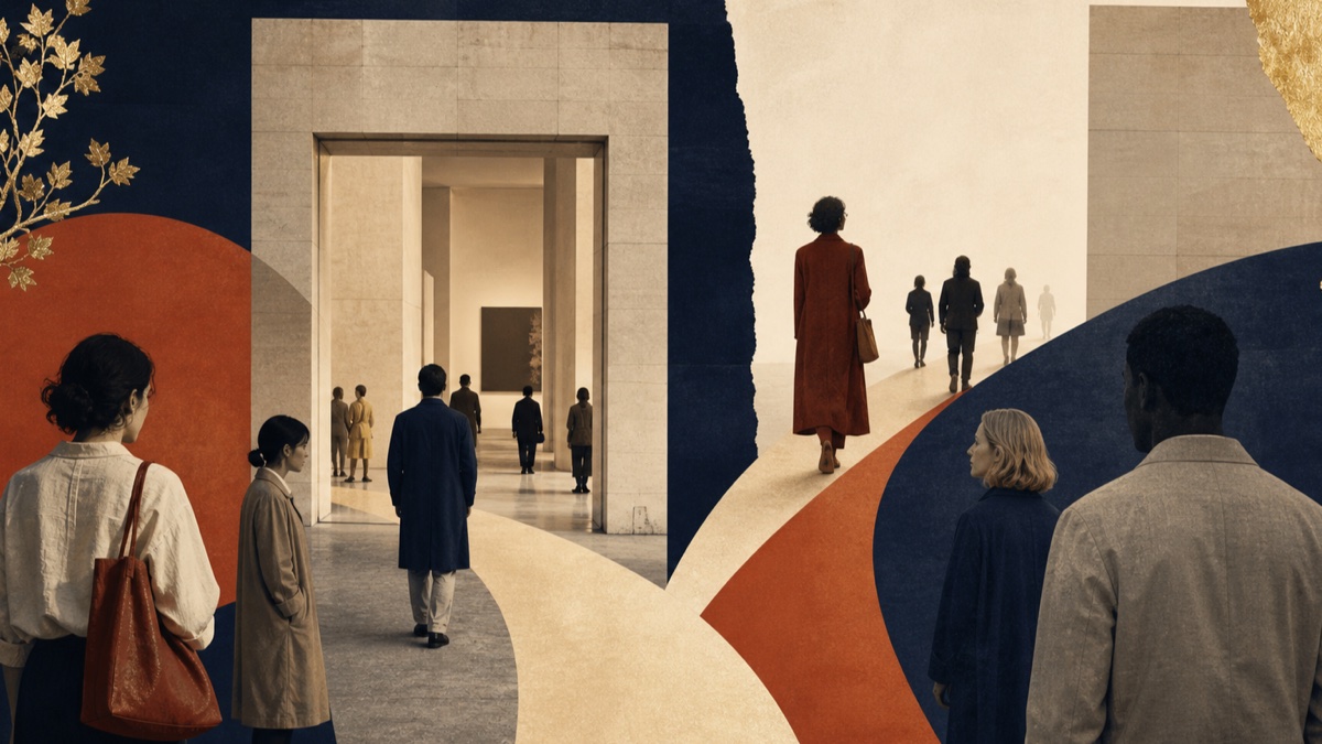 Collage éditorial montrant plusieurs parcours de visiteurs vers l’entrée d’un musée contemporain.